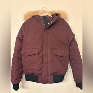 Pajar Canada Men’s Burgundy Lucas Bomber Jacket 80/20 Duck Down, Fox Fur Trim- S